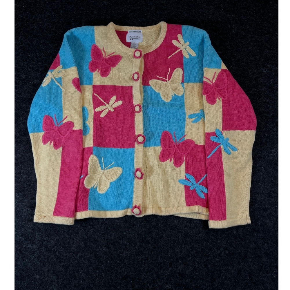 Vintage Y2K Christopher & Banks Cardigan Womens Large Pink Butterfly Dragonfly